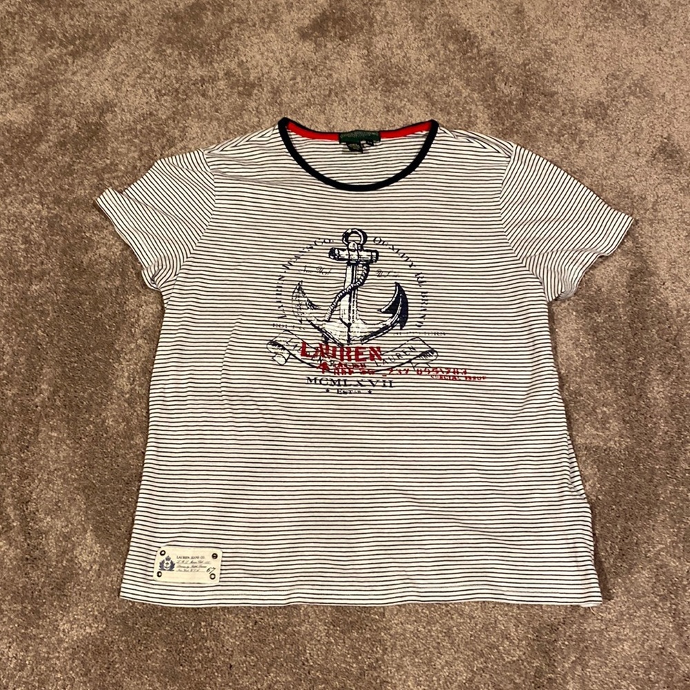 Ralph Lauren Anchor Graphic Striped Tee Nautical Short Sleeve Shirt SIZE S